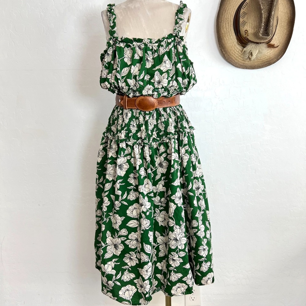 Time and Tru Green White Floral Cotton Smocked Midi Dress Boho Plus Size XXL 20